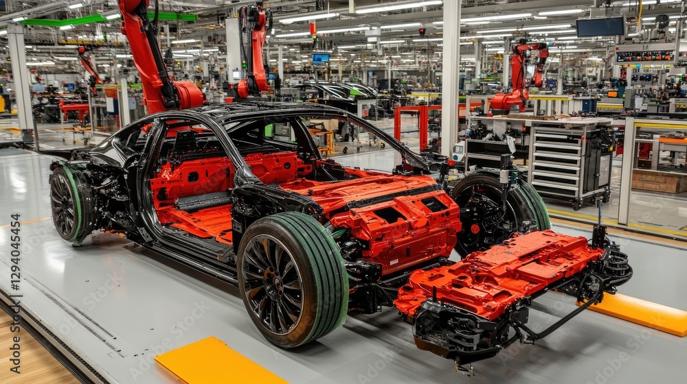 Poster modern car assembly line with robotic arms working on vehicle chassis in a high-tech factory.