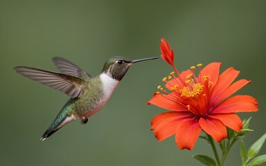 A colorful hummingbird hovering near a bright red flower, sipping nectar