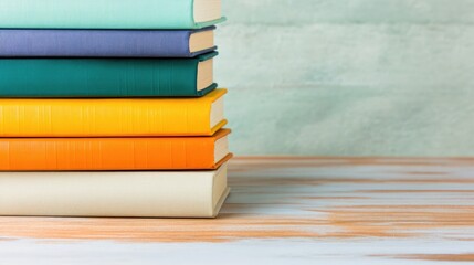 close-up of neatly stacked pile of colorful academic books on wooden desk with ample copy space to right