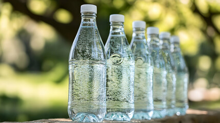 A row of reusable glass bottles filled with fresh spring water promoting sustainable consumption and eco-conscious living high clarity