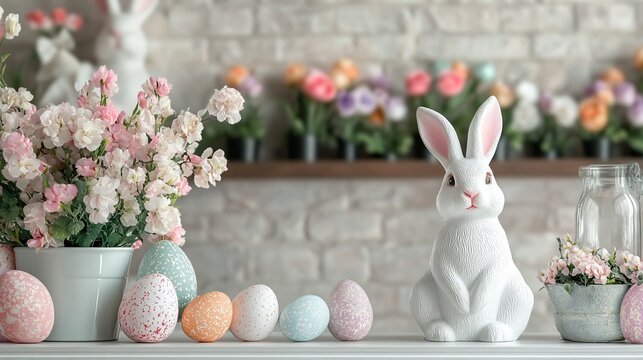 Easter home decoration concept, with potted flowers blooming and cute rabbit statues embellishing, enhancing the spring atmosphere. Easter holiday decoration, floral arrangement, rabbit figurine