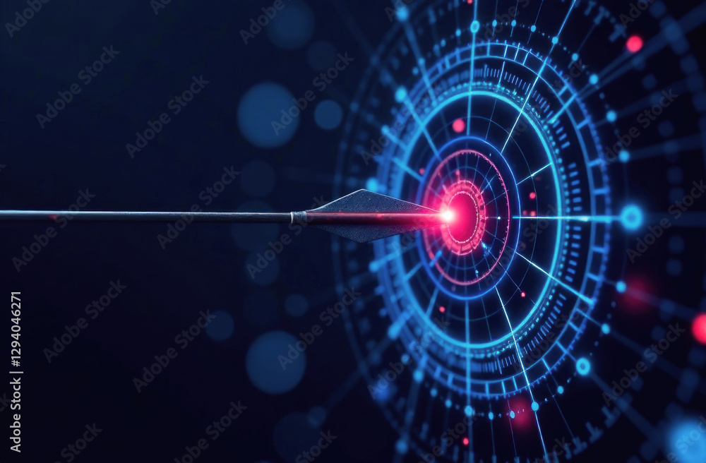 Fototapete An arrow approaches a glowing target set in a digital environment filled with vibrant patterns and lights