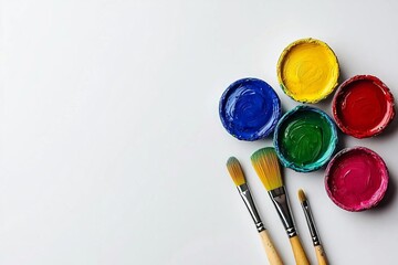 Close up of paints and brushes with copy space on white background , isolated on white background,  , copy space, copy space for text,
