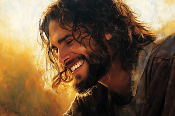 A heartwarming close-up portrait of smiling Jesus Christ,  illuminated by a golden divine light symbolizing love and kindness.  