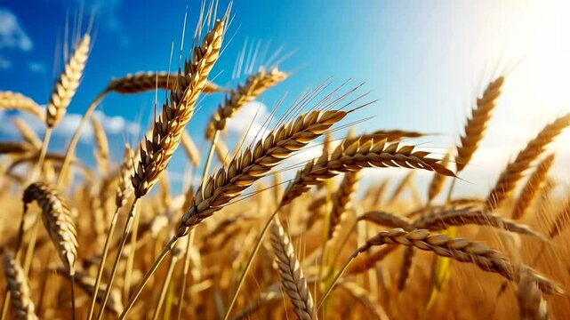 Close-up, low-angle video of golden wheat stalks swaying under a bright blue sky, capturing the essence of a sunny, rural landscape. Live desktop wallpaper.