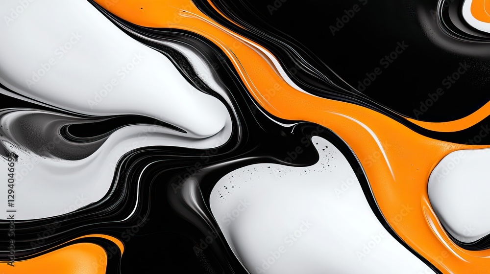 Poster a vibrant abstract design featuring swirling black, white, and orange colors, creating a dynamic and