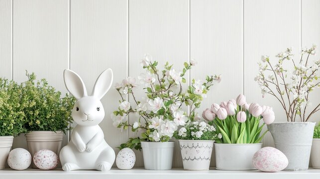 Easter home decoration concept, with potted flowers blooming and cute rabbit statues embellishing, enhancing the spring atmosphere. Easter holiday decoration, floral arrangement, rabbit figurine