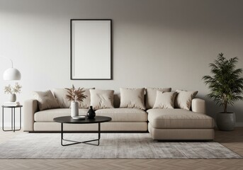 Modern Minimalist Living Room with Beige Sofa and Black Coffee Table