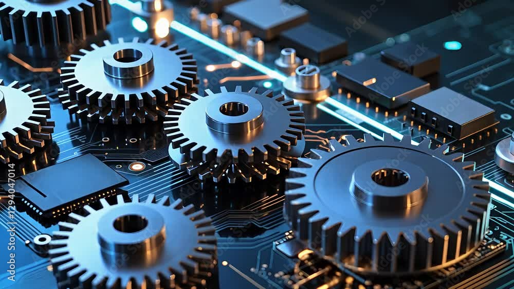 Aufkleber close-up of metallic gears and circuitry on a high-tech digital board with precision engineering and