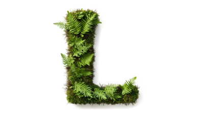 Font letter L formed by moss fern wreath green nature elements cut out isolated on transparent background, PNG