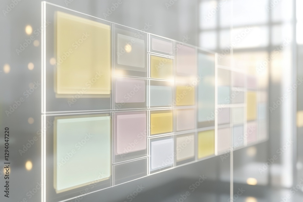 Poster abstract image of a grid of pastel-colored translucent squares in a modern office setting.