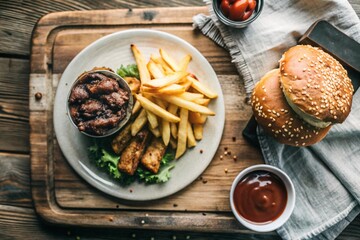 French fries, burger, pork ribs on a stylish board on a wooden background. Fried potatoes. The concept of fast food, junk food and fast food preparation.