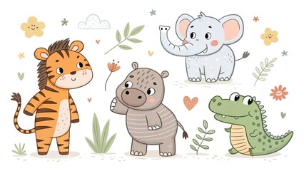 Fototapeta premium Cute wild animal cartoon collection in children's flat style, white background. 