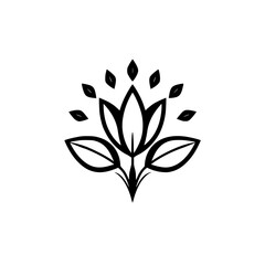 Black and white minimalist drawing of a floral element, consisting of a flower and stylized leaves on a white background.