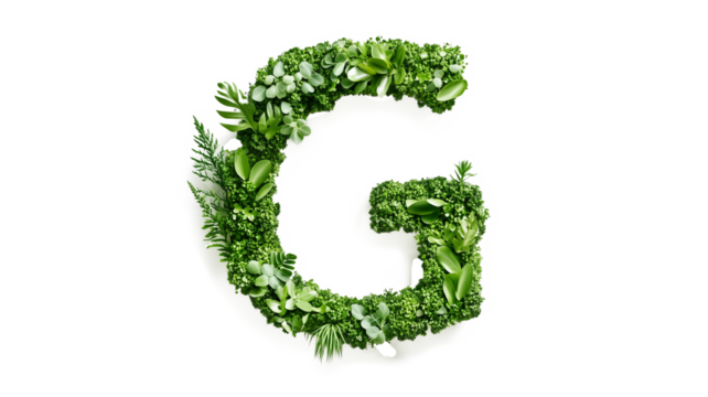 Font letter G formed by green leaves plant nature elements cutout isolated on transparent background, PNG