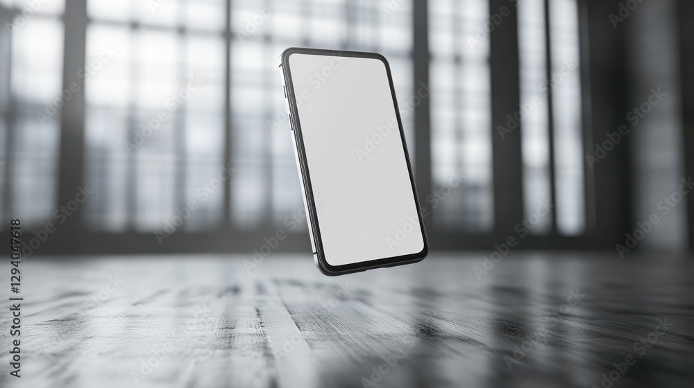 Poster modern smartphone hovering over a reflective surface, blank screen ready for ui design.