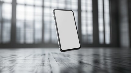 Modern smartphone hovering over a reflective surface, blank screen ready for UI design.