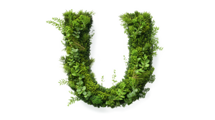 Font letter U formed by green leaves plant nature elements cutout isolated on transparent background, PNG