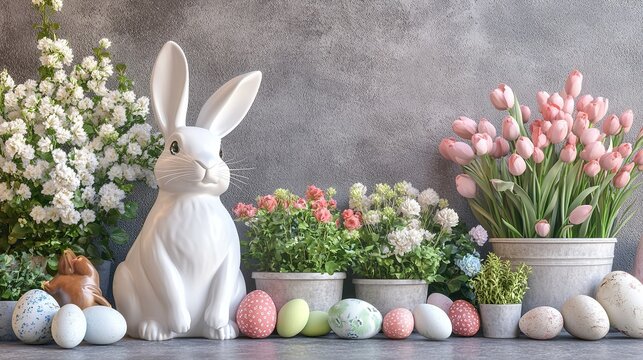 Easter home decoration concept, with potted flowers blooming and cute rabbit statues embellishing, enhancing the spring atmosphere. Easter holiday decoration, floral arrangement, rabbit figurine