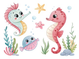  Charming watercolor sea creatures, beautifully painted on a clean white background.  