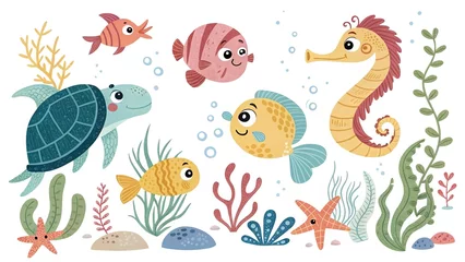 Watercolor illustration of cute and adorable sea animals, isolated on a white backdrop.  