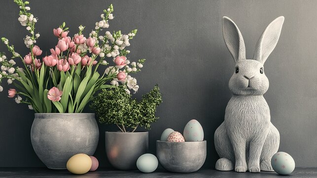 Easter home decoration concept, with potted flowers blooming and cute rabbit statues embellishing, enhancing the spring atmosphere. Easter holiday decoration, floral arrangement, rabbit figurine