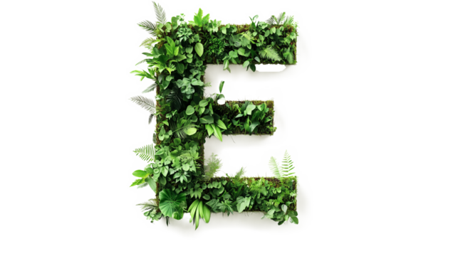 Font letter E formed by green leaves plant nature elements cutout isolated on transparent background, PNG
