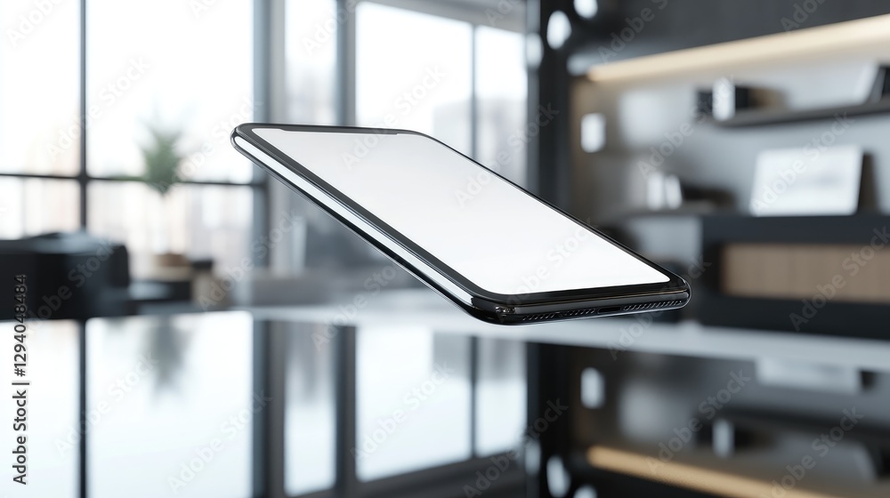 Poster modern smartphone mockup hovering over a reflective surface, blank screen emphasizing design.