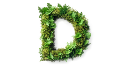 Font letter D formed by green leaves plant nature elements cutout isolated on transparent background, PNG