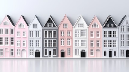 Brightly colored buildings feature geometric shapes and a clear sky, showcasing a simple yet captivating atmosphere filled with modernity