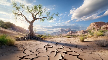 A parched landscape affected by a severe drought. The ground is cracked and parched. Deep cracks run through the parched, dusty soil. Plant life is withered