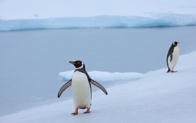 Obraz premium A penguin waddling across the icy landscape, surrounded by others