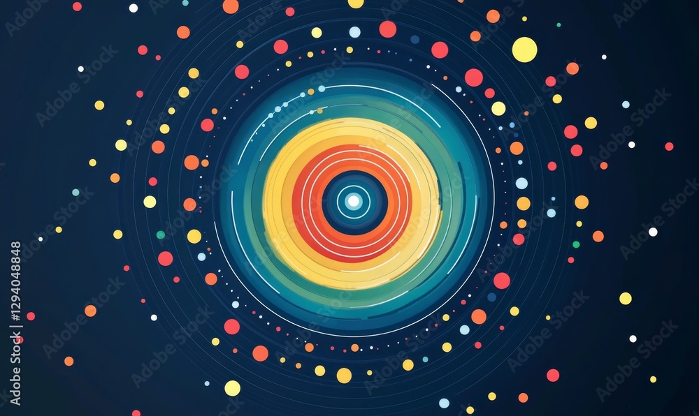 Poster concentric circles surrounded by colourful dot patterns