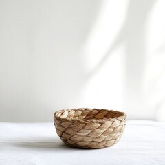 Fototapeta premium Woven Straw Bowl on White Tabletop