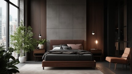 A bedroom with a large bed, a nightstand, and a chair. The room has a modern and minimalist design, with a large window that lets in natural light. The bed is made and the room is clean and organized