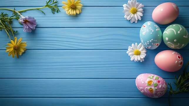 The beautiful blue wooden table is decorated with Easter eggs adorned with flowers, adding atmosphere to the spring holiday celebration. Easter home decoration, flower arrangement Easter eggs.