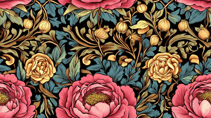 Vintage pink gold rose seamless pattern on black background. for fabric printing