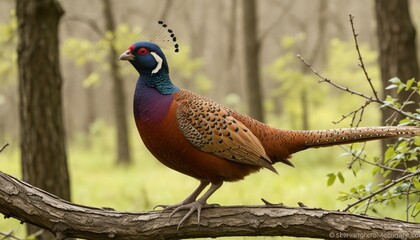 A ringnecked pheasant perched gracefully on a tree branch