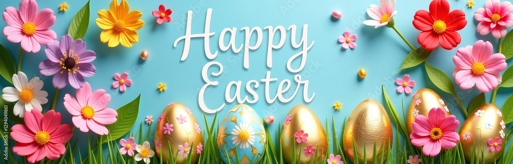 Poster A Colorful Happy Easter Banner Displays Vibrant Spring Flowers And Intricately Painted Golden Easter Eggs In A Joyful Display.