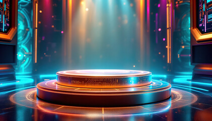 Futuristic Stage Platform with Neon Lights and Circuit Design