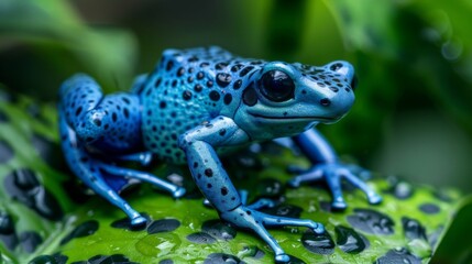 Obraz premium A vivid blue frog with black spots perches on a glossy green leaf, glistening with raindrops, surrounded by a vibrant tropical rainforest filled with foliage.