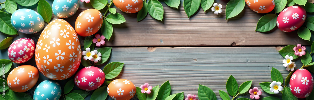 Poster A Colorful Easter Egg Design Wraps Around A Rustic Wooden Banner With Copy Space To Create A Unique Visual Statement Online.