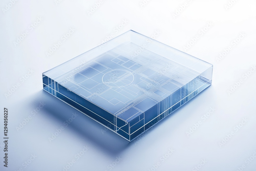 Poster a transparent cube showcasing an intricate circuit design, symbolizing technological innovation and 