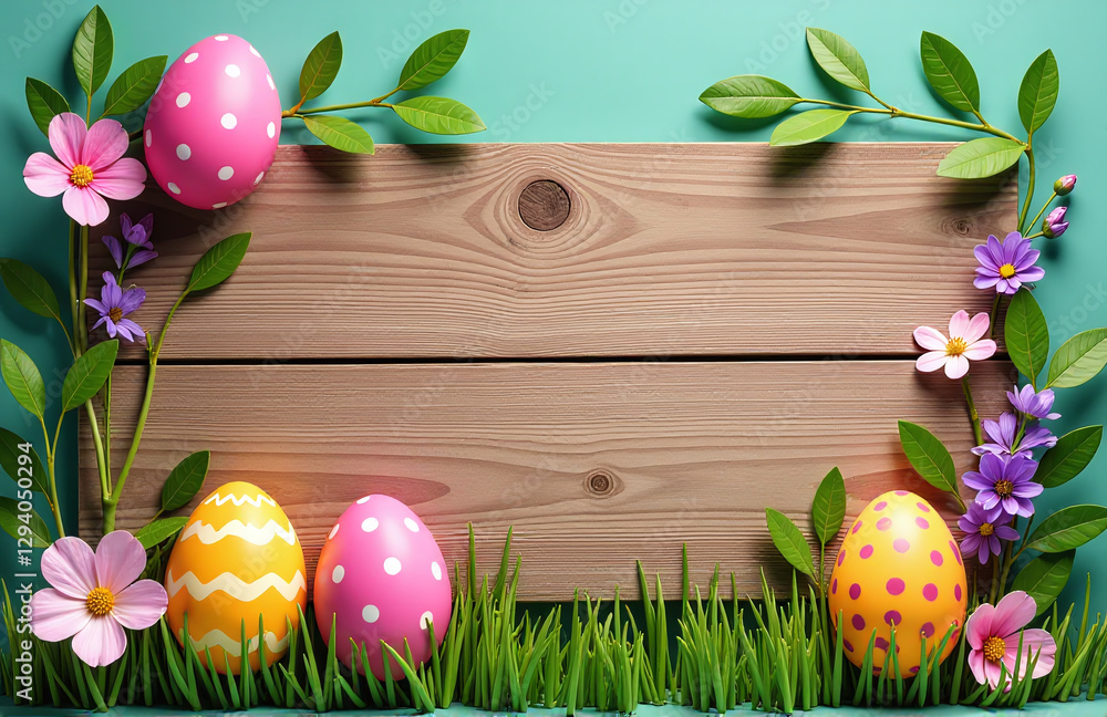 Poster A Colorful Easter Egg Design Wraps Around A Rustic Wooden Banner With Copy Space To Create A Unique Visual Statement Online.