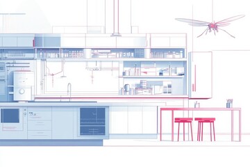 Modern Minimalist Kitchen Design with Abstract Insect Illustration