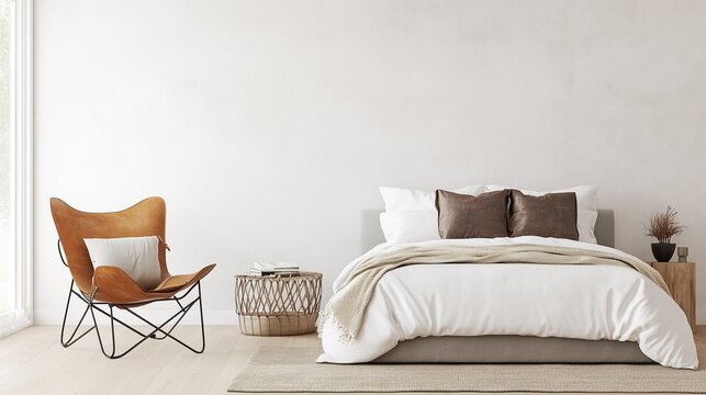 A white bedroom with a brown chair and a white bed. The chair is placed in front of the bed and the bed is covered with a white comforter
