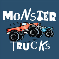 Monster Trucks Cartoon, Hand drawn monster truck vector illustration, Monster truck vector logo, Racing trucks t-shirt design stock vector, I love monster trucks, Extreme racer car print design art © Obak Murad