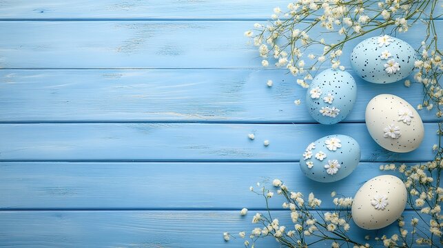 The beautiful blue wooden table is decorated with Easter eggs adorned with flowers, adding atmosphere to the spring holiday celebration. Easter home decoration, flower arrangement Easter eggs.