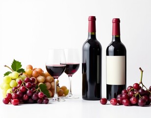 Obraz premium Red Wine Bottles, Grapes, and Wine Glasses on White Background