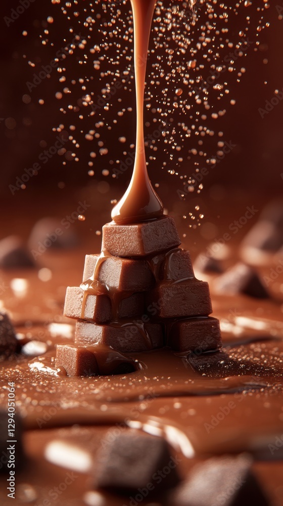 Poster decadent cascade of caramel drizzling over a pyramid of rich chocolate fudge cubes in a studio shot 